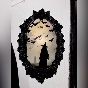 Baroque black wood frame Halloween Witch & Bats Oval Glass Silhouette Wall Art